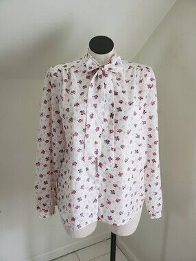 70s Vintage Pussybow Long Sleeve Blouse Micro Polka Dot Paisley Rose Print